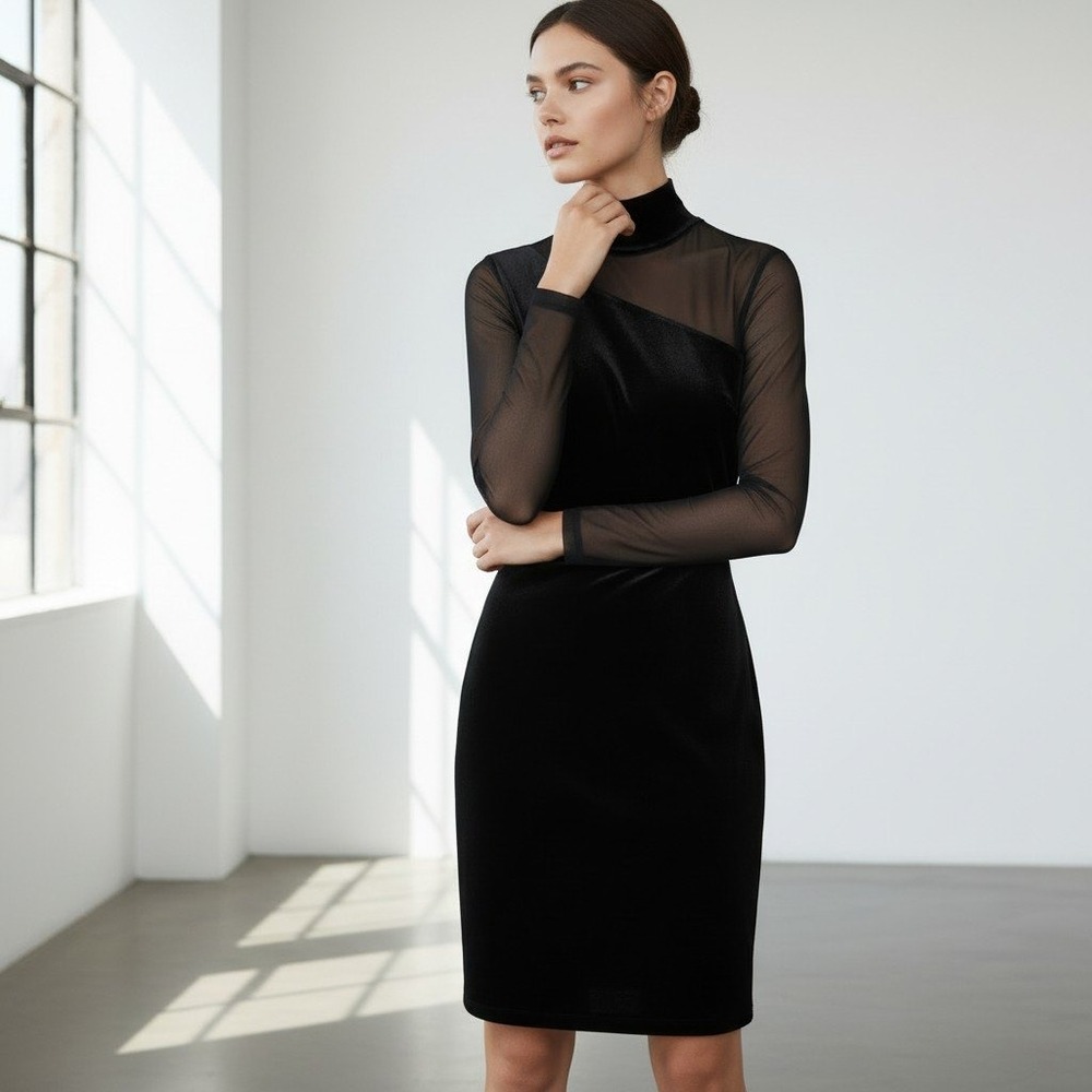 Ganni Campbell Black Velour Mesh Asymmetrical Mock Neck Midi Dress Womens Medium